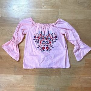 Fine Embroidery Cotton Blouse with Elastic Collar Bell Sleeves